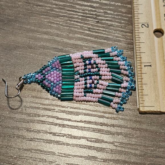 Vintage Seed Bead Fringed Dangle Earrings with Butterfly Design - Picture 3 of 6